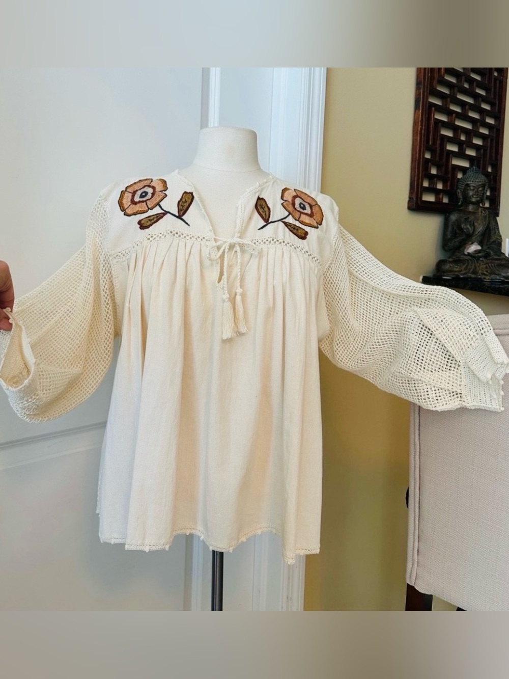 Carolina K hand made Boho floral Embroidered Cream Blouse with Crochet Sleeves